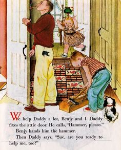 an old children's book with two boys and a girl opening the front door