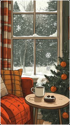 a cup of coffee sitting on top of a table next to a window covered in snow