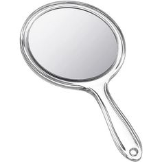 a mirror that is on the side of a table with a long handle and an oval shape