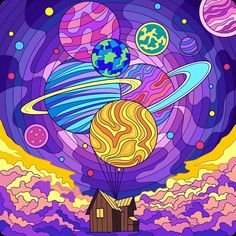 an image of a painting with planets in the sky and a house on top of it