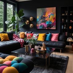 Modern Colourful Living Room, Black House Aesthetic, Sectional Decor, Basement Seating, Black Walls Living Room, Black Couch Living Room Decor, Counselling Office, Minimalist Living Room Ideas, Purple Bedroom Decor