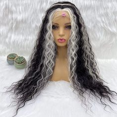 Hair Texture:Curly Lace Front Wig Hair Color: Black With White Streak Hair Hair Density: 150%-180% Density Hair Length: 24-26 Inches Lace Color: Medium Brown Average Cap Size(22.5 Inch) With Adjustable Straps And 3 Combs Wig Weight: 290g White Skunk Stripe, White Streak Hair, White Streak In Hair, Streak Hair, Skunk Stripe Wig, White Skunk, Black Hair Wig, White Wigs, Black And White Wig