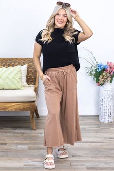 Product Details Color/Wash: Mocha Rise: High Rise Style: Pull On Elastic Tie Waist Brand: First Love Material and Care 87% Cotton 9% Rayon 4% Spandex Machine Wash Warm Tumble Dry Low Size and Fit Small: Waist 28" Rise 12.5" Inseam 23.5" Medium: Waist 30" Rise 13" Inseam 23.5" Large: Waist 32" Rise 13.5" Inseam 24" Photo model is 5'4 and wearing a size small Video model is 5’8 and wearing size small High Rise Style, Photo Model, Crop Pants, Small Waist, Cropped Pants, Mocha, First Love, High Rise, Pants