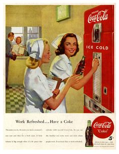 an advertisement for coca cola featuring two women opening a coke machine