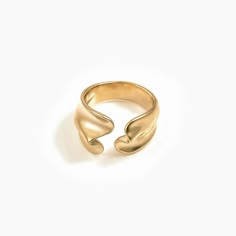 Our Brooklyn ring is a stylish piece, featuring a band that runs around in an irregular thickness. The ring forms an open-mouthed triangular design at the front. Contemporary and dynamic wave shape pours high energy and effortless elegance to any look. Edgy and on-point with shine, it quickly transforms looks with minimal effort.- Gold plating over brass- Adjustable ring size- Available in Yellow Gold and White Gold Wax Carved Ring, Open Ring Gold, Sun Ring, Feminine Jewelry, Brass Rings, Carved Ring, Ring Stack, Eye Makeup Art, October 23