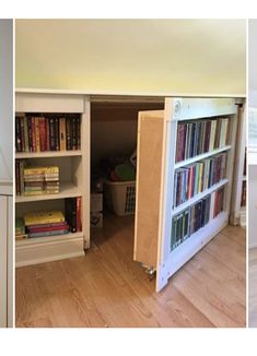 an open bookcase in the corner of a room with hard wood floors and white walls