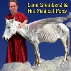 a man standing next to a white horse on top of a cloud filled sky with the words lane steinberg and his magic pony