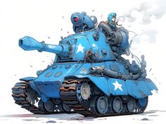 a blue and white tank with stars painted on it's sides, sitting in the snow