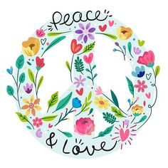 a peace sign with flowers and hearts in the center, surrounded by words that spell love