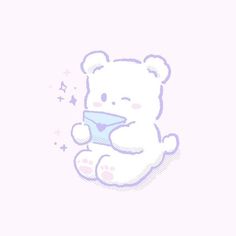 a white teddy bear sitting on top of a pink wall holding a blue object in its paws