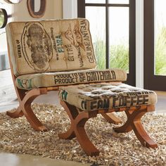 a bench made out of an old coffee bag sitting on top of wood shavings