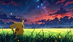 pikachu looking up at the stars in the night sky with grass and flowers