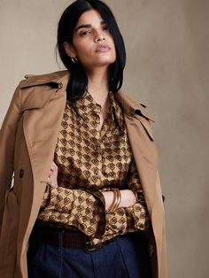 Saw this on Banana Republic: Br Monogram, Ruched Shirt, 90s Inspired, Silk Charmeuse, Sleek Fashion, Tops Fall, Silk Shirt, Fashion News, Banana Republic