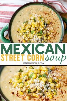 mexican street corn soup in a green bowl