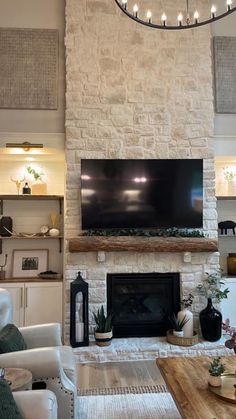 a large flat screen tv mounted on the wall above a fireplace in a living room