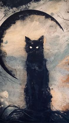 a black cat sitting in front of a painting with the moon behind it's eyes