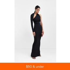 in stock Black Long Sleeve Gown For Dinner, Chic Black Maxi Length Gown, Chic Black Full-length Evening Dress, Chic Black Full Length Evening Dress, Black Fitted Gown For Dinner, Chic Black Gown For Cocktail Events, Chic Black Cocktail Gown, Chic Fitted Full-length Gown, Black Spring Gala Gown