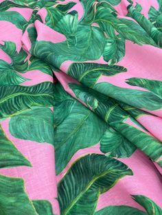 Large Pink Green Leaf Linen Fabric - (Possibility of printing on the desired fabric) ala width : 1.64 yard Linen fabric : It has a soft and draped texture. Thanks to its cottony texture, it is soft and does not show the inside. It is a useful fabric that breathes and does not sweat. The fabric, which is preferred in all seasons, can also be used in daily life. The mat has a soft texture and has the feature of ironing. It is a quality fabric that you will not encounter problems such as color fadi Summer Cotton Fabric With Pattern Prints, Printed Cotton Fabric For Summer, Lacey Johnson, Silk Satin Fabric, Beautiful Drapes, Green Leaf, Soft Texture, Luxury Fabrics, Soft Textures