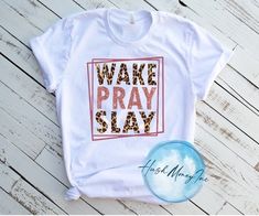 Wake Pray Slay Shirt, Wake Pray Slay, Inspirational Shirt, Christian shirt, Positive Shirt, Wake, Pray, Slay, Praying Shirt, Mom Shirt, Gift Check the size chart in the pictures. Each shirt is one of a kind so pattern and or print color shades may vary slightly from picture. Each shirt is made to order and custom designed. Each shirt is unique. You are a agreeing to this when you place your order. Please message me any questions you have. *SIZING* Please refer to size chart in pictures when ordering your size. *STANDARD PROCESSING* All shirts are handmade designed to order. The standard processing time is 1-3 business days.  *CARE INSTRUCTIONS* Hand wash only. We always recommend washing inside out and in cold water, as well as drying on low heat, also inside out. Or  Lay flat or hang to a Praying Shirt, Pray Shirt, Wake Pray Slay, Positive Shirt, Christian Shirt, Inspirational Shirt, Christian Shirts, Cricut Ideas, Mom Shirt