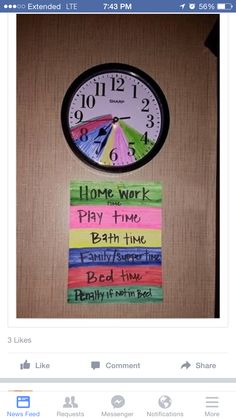 a facebook page with an image of a clock on the wall and some words taped to it