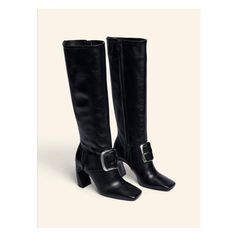 Knee high boots with wide leather shaft. Oval toe. Maxi buckle detail at front. Zip closure. Squared toe. Heel height: 3.5 inches (9 cm) Cargo Shirts, Shorts Co Ord, Trench Jacket, Shoes Trainers, Leather Coat, Boot Shoes Women, High Boots, Knee High Boots, Leather Boots