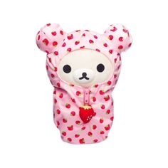 a teddy bear with strawberry print on it's chest and hood, holding a heart in its paws