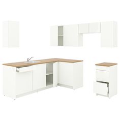 an image of kitchen furniture set with sink and cupboards in white color on white background