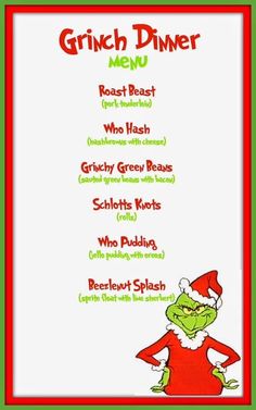 the grinch dinner menu is shown in red and green