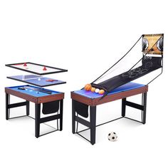 two tables with foosball and ping pong balls on them in front of a white background