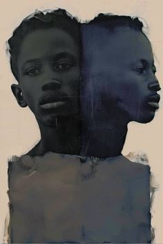 an abstract painting of two people facing each other, one is black and the other is white