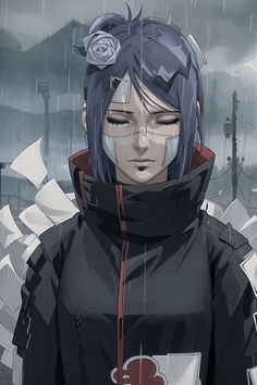 an anime character with blue hair wearing a black jacket and red hoodie standing in the rain