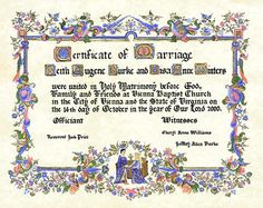 an ornate frame with the words certificate of marriage and marriage vows in english, on parchment paper