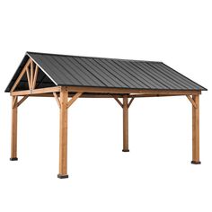 a wooden structure with a metal roof on top of white background for use as an outdoor shelter