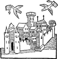 a castle with birds flying over it