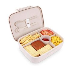 a bento box filled with cheese, crackers, tomatoes and other food items