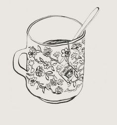 a drawing of a mug with flowers on it and a spoon sticking out of the cup