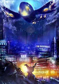 an image of a futuristic city at night with birds flying over the buildings and skyscrapers