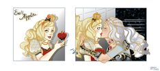 two pictures of the same woman holding an apple and looking at each other in different ways