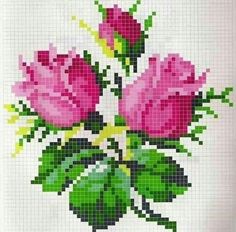 a cross stitch pattern with three pink roses