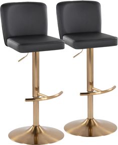 pair of black leatherette bar stools with gold metal base and footrests