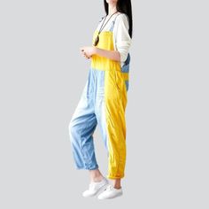 Introducing the 2023 Spring/Summer Collection's Mixed Colorful Fabric Denim Overalls ââ‚?for an streetwear yet sophisticated street style!Why They're Your Next Wardrobe EssentialThese denim overalls are the perfect combination of rebellious attitude and classic chic. With a distressed pattern to capture an authentic look. a slim fit to hug your silhouette. and a resilient zipper and stylish button closure. you get the most fashionable and functional piece that won't compromise on comfort.Key Hig Casual Cotton Jumpsuits And Rompers, Relaxed Fit Cotton Overalls, Light Wash Cotton Jumpsuit With Pockets, Light Wash Cotton Jumpsuits And Rompers With Pockets, Yellow Spring Overalls With Pockets, Spring Yellow Overalls With Pockets, Yellow Summer Overalls With Pockets, Spring Patchwork Cotton Jeans, Casual Yellow Overalls For Summer