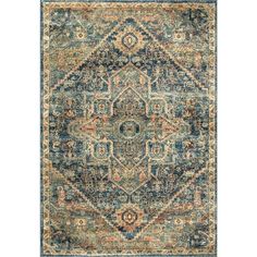 an area rug with blue, orange and beige colors on it's edges is shown