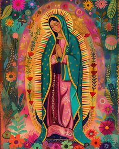 the virgin mary of guadalupe surrounded by flowers