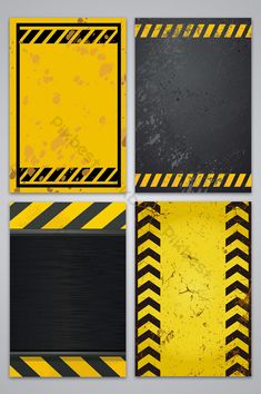 four different yellow and black hazard signs on a gray background with grungy edges