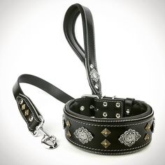 a black leather dog collar and leash with silver studded details on the front, along with matching lead