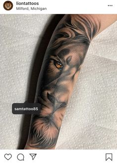 a man's arm with a lion tattoo on it, and an orange eye