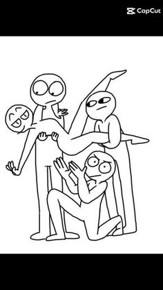 an image of three people in the middle of a line drawing with one person holding another