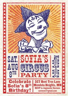 an old circus poster with clowns on it's face and the words circus party written