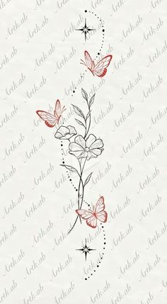 some red butterflies are flying around on the white paper with black and red writing that says,