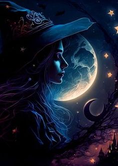 a painting of a woman wearing a witch's hat in front of a full moon